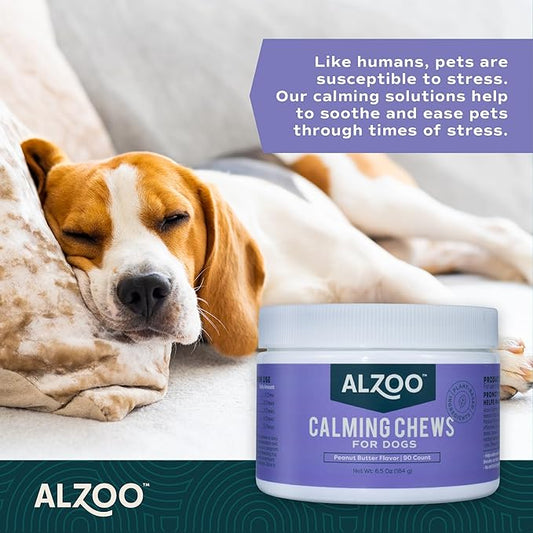 ALZOO Calming Chews for Dogs Anxiety, Peanut Butter Flavor - Natural Dog Calming Treats, Stress Relief for Storms, Fireworks, Grooming, Separation Anxiety, Made w/Valerian & Chamomile, 90 ct