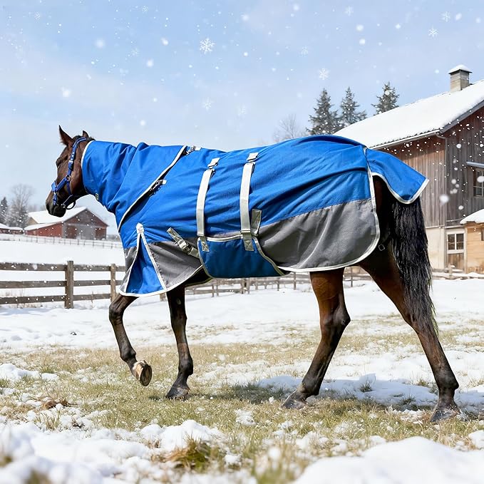 Winter Horse Blanket Waterproof Winter Turnout Blankets for Horses 1200D 260g Filling Liner Medium Weight Horse Blankets with Neck Cover Detachable