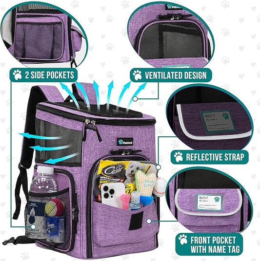 PetAmi Dog Backpack Carrier, Airline Approved Cat Backpacks for Carrying Small Large Cats, Pet Carrier Back Pack, Ventilated Soft Sided for Travel, Hiking, Camping, Max 18 lbs, Purple