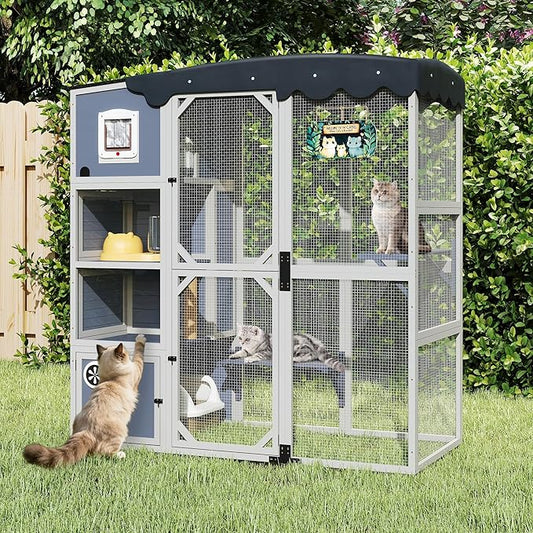 COZIWOW Insulated Outdoor Cat Catio, Large Wood Cat Enclosure with Weatherproof Roof, 2 Resting Rooms, 2 Platforms, 4-Tier Cat Playpen (Grey-Insulated)