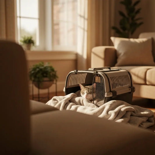 Cat peacefully sleeping inside a grey carrier near a window, soft natural light illuminating a relaxing space designed for pet comfort.