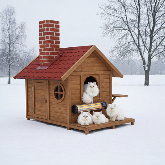 Outdoor heated cat house providing winter shelter, elevated off the ground to keep stray cats warm.