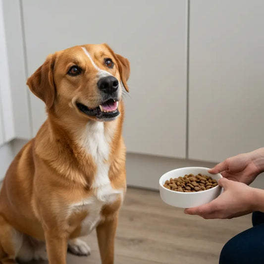 A happy dog with a shiny coat anticipating a meal of salmon-based dry dog food in a home setting.