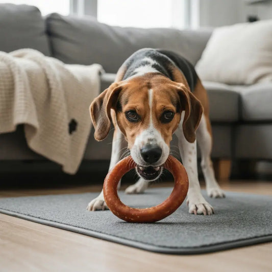 A happy dog intently chewing a natural bully stick ring, showcasing its long-lasting quality.