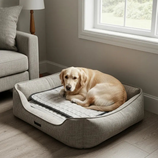 A golden retriever enjoying a warm pet heating pad in a soft, comfortable dog bed by a sunlit window.