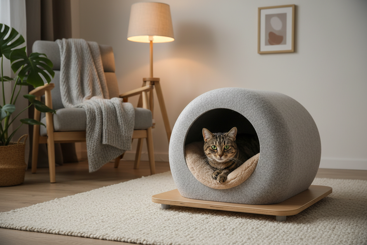 A cozy retreat from the Cats Carriers & Houses Collection, featuring a modern cat house designed for privacy and instinctive comfort.