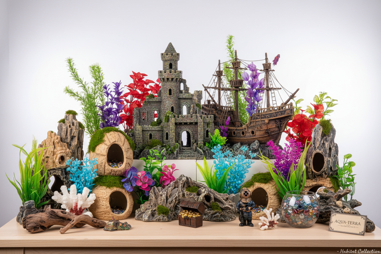 Aquarium decor collection featuring resin ornaments, caves, plants, mini figurines, and themed accessories designed to enrich aquatic and reptile habitats.