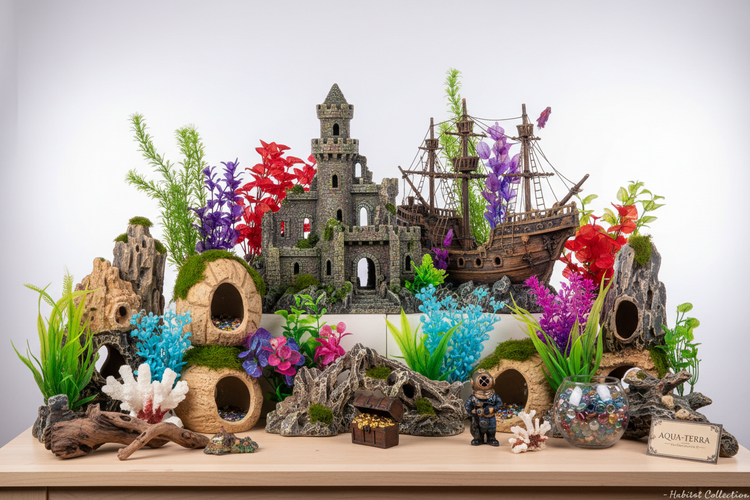 Aquarium decor collection featuring resin ornaments, caves, plants, mini figurines, and themed accessories designed to enrich aquatic and reptile habitats.