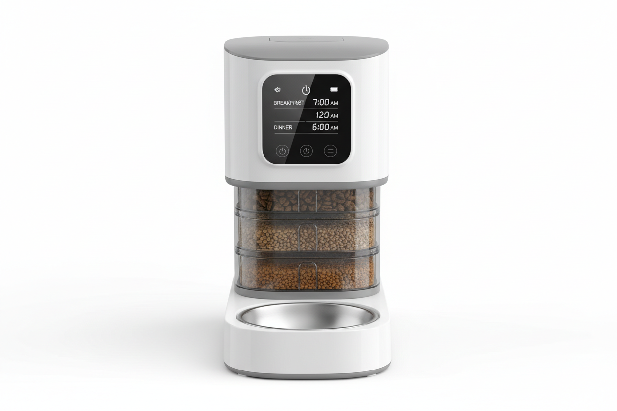 Automatic cat feeder for portion-controlled daily feeding