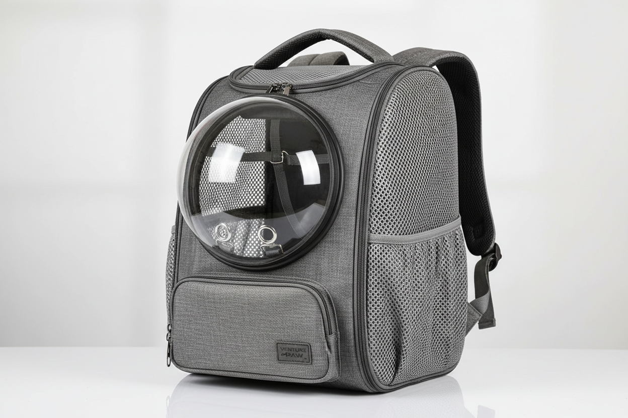 Cat backpack carrier with bubble dome window, breathable mesh ventilation, and harness attachment for safe outdoor travel