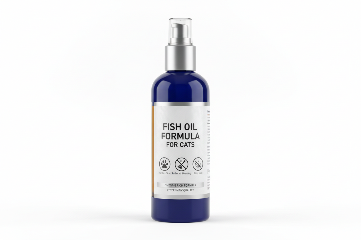 Cat fish oil formula designed for healthy skin, reduced shedding, and shiny coat