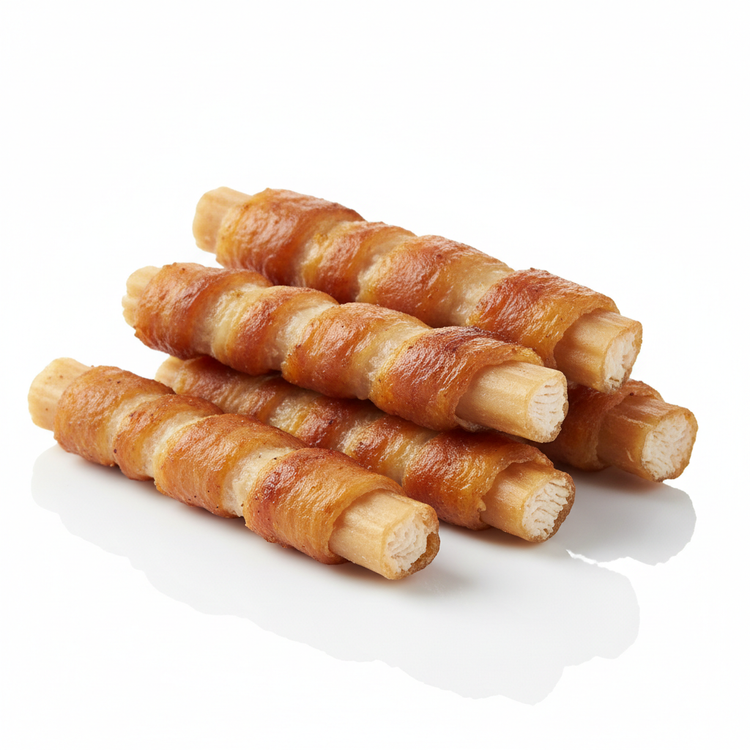 Chicken-wrapped rawhide dog treats for training and chewing