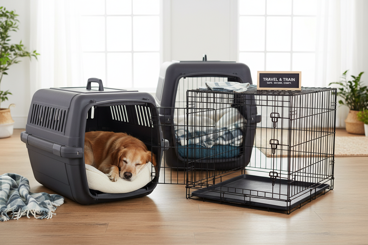 Comfortable and secure dog crates designed for safe travel, crate training, and stress-free resting spaces.