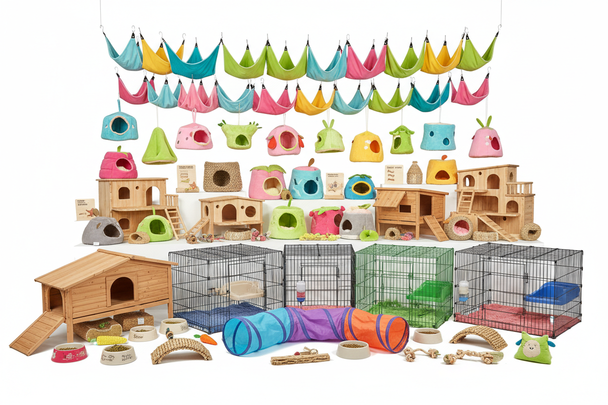 Comprehensive small animal house collection featuring hammocks, hideouts, habitat houses, outdoor pens, hutches, and play tunnels for various small pets.