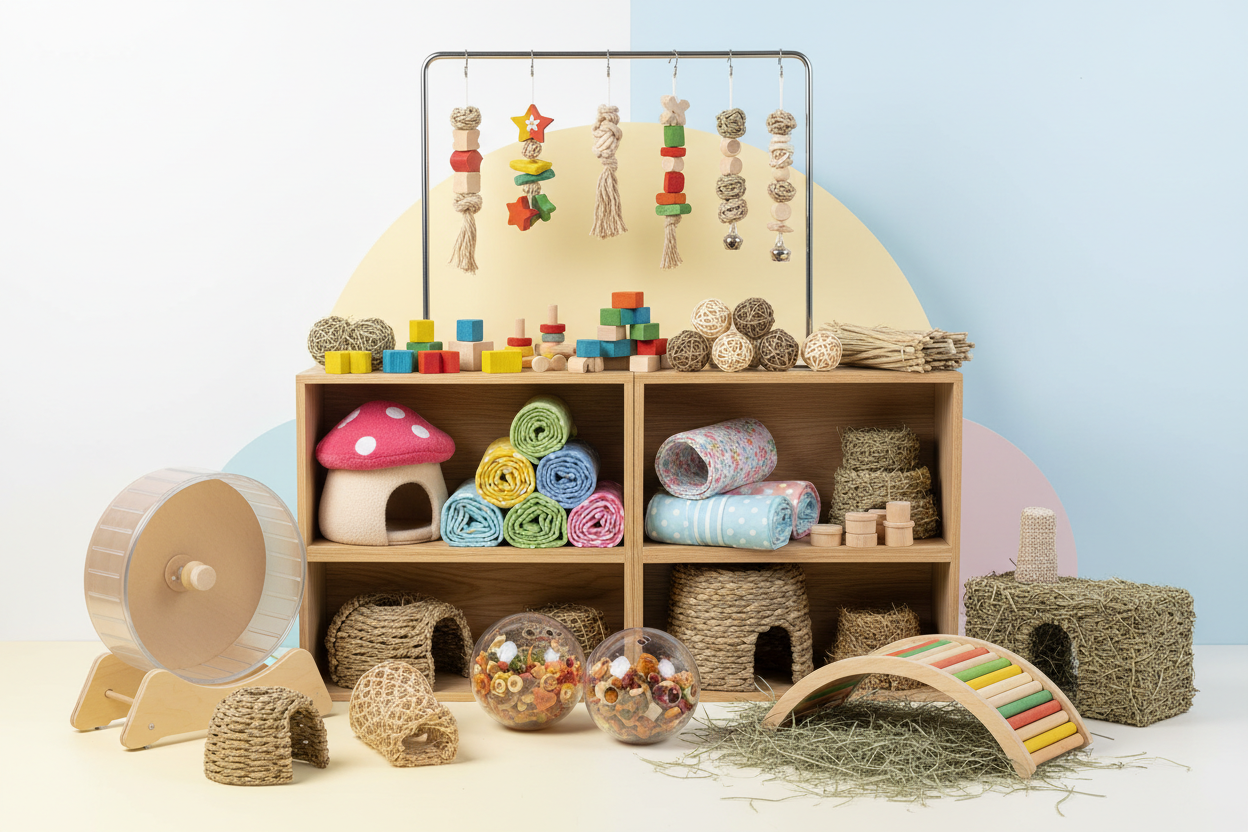 Comprehensive small animal toy collection featuring chew toys, tunnels, treat-based toys, and enrichment accessories for rabbits, hamsters, chinchillas, and guinea pigs.