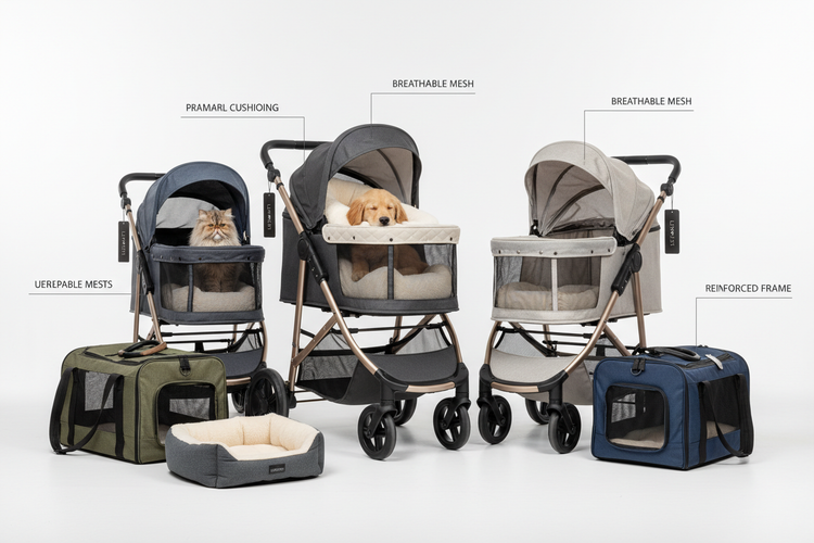 Premium pet strollers and dog carriers with padded interiors, mesh ventilation, and sturdy construction for secure and stress-free travel.