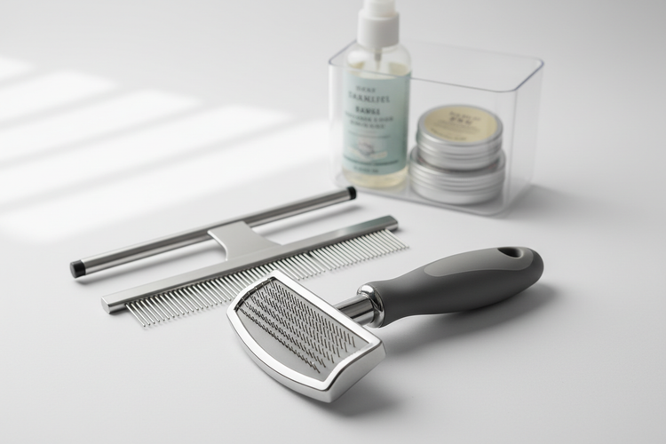 Dog grooming supplies including professional deshedding brush and grooming comb for removing loose hair and reducing shedding