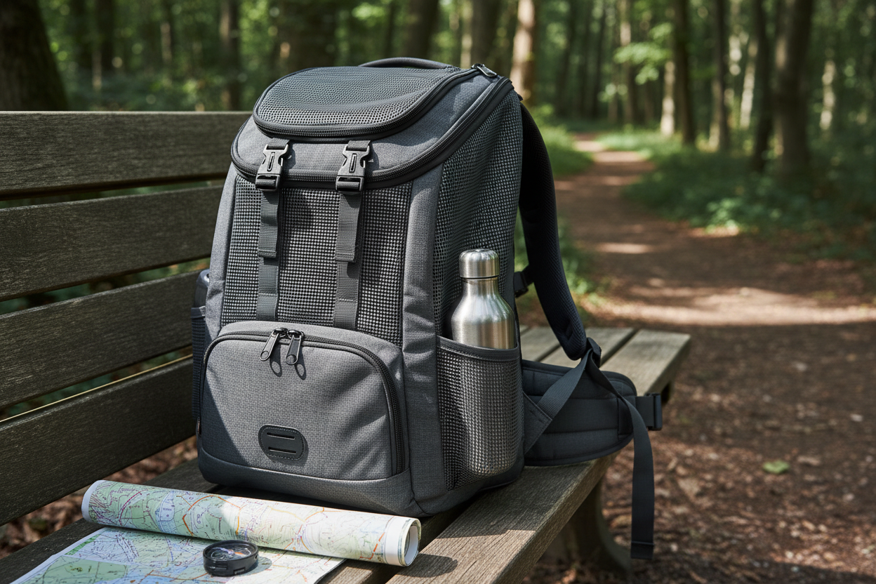 Ergonomic dog backpack with mesh ventilation, padded straps, and escape-proof closure for outdoor activities.