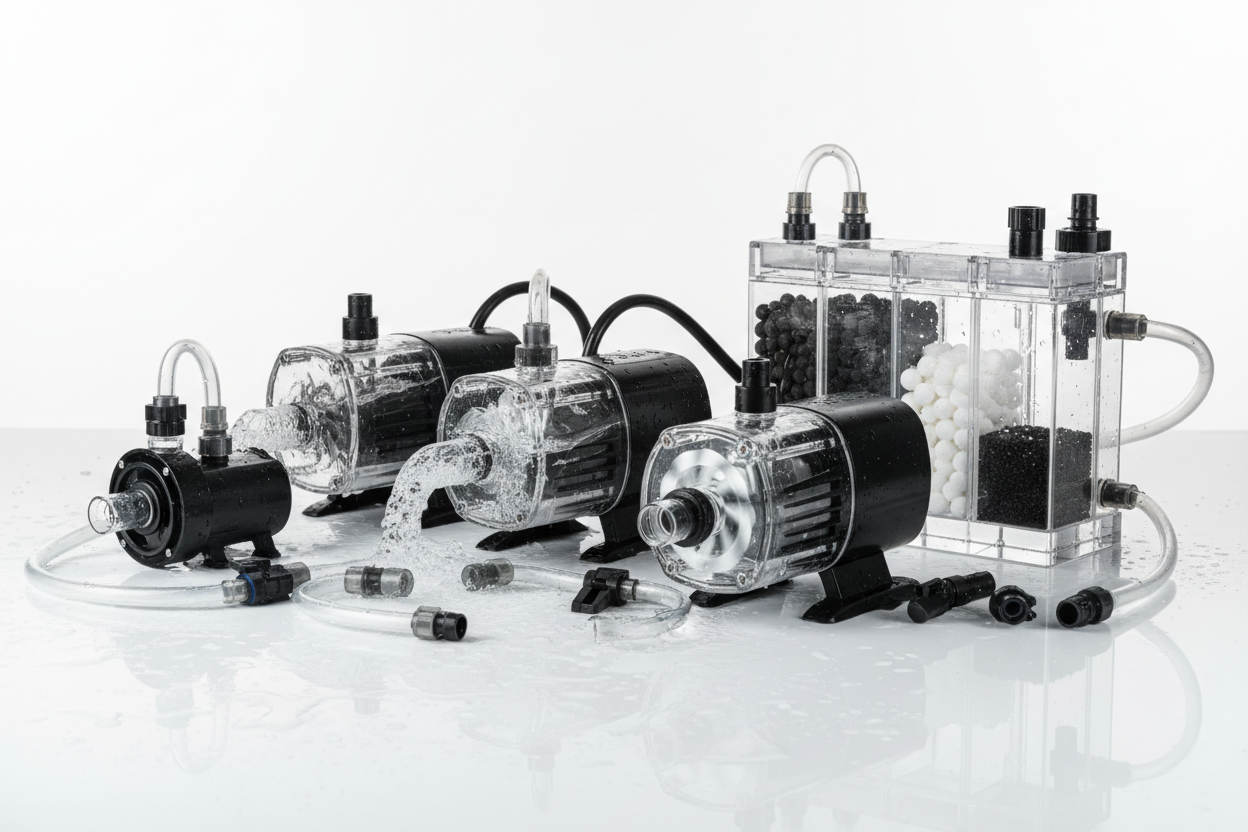 High-performance aquarium pumps and filtration accessories designed to improve water movement, boost oxygen levels, and support healthy aquatic ecosystems.