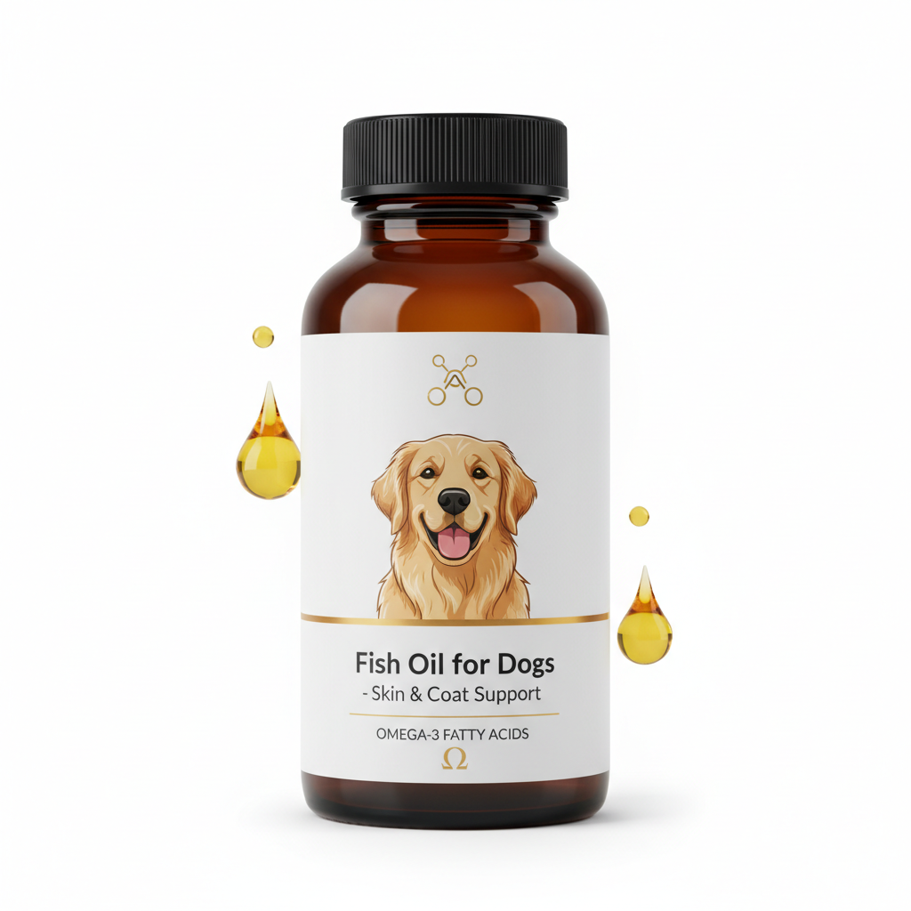 Premium Omega-3 fish oil supplements for dogs featuring DHA, EPA, and Vitamin E to enhance joint mobility, skin hydration, coat shine, and immune health.