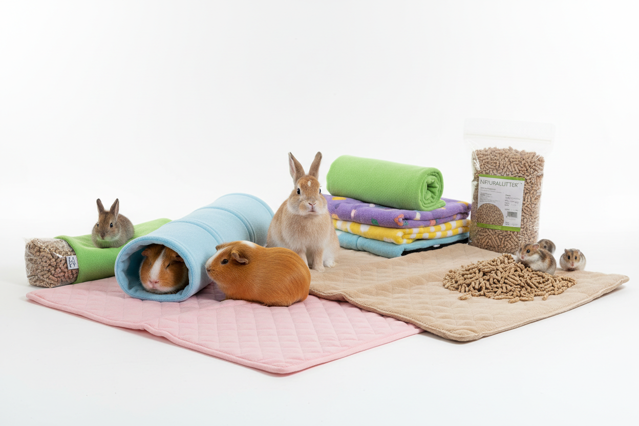 High-quality small animal beds and bedding products including fleece liners, absorbent pee pads, cage mats, and litter for guinea pigs, rabbits, hamsters, and other small pets.