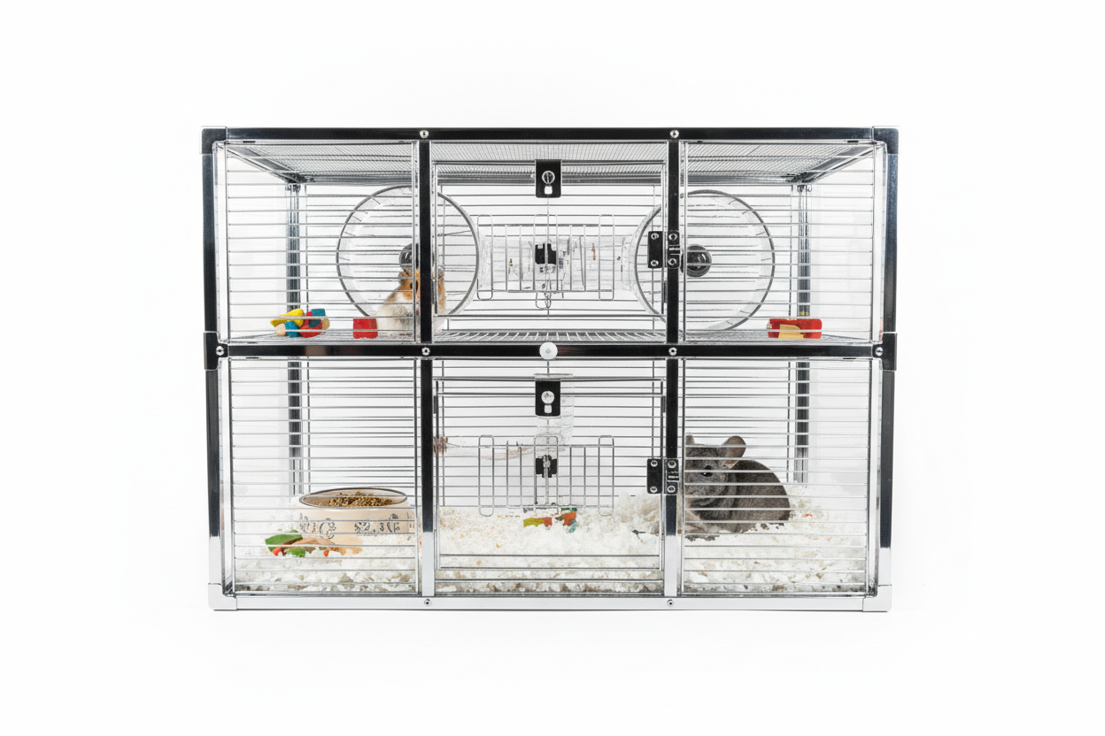 High-quality small animal cages featuring chew-proof construction, mesh ventilation, transparent walls, and escape-proof designs for hamsters, mice, chinchillas, and other small pets.