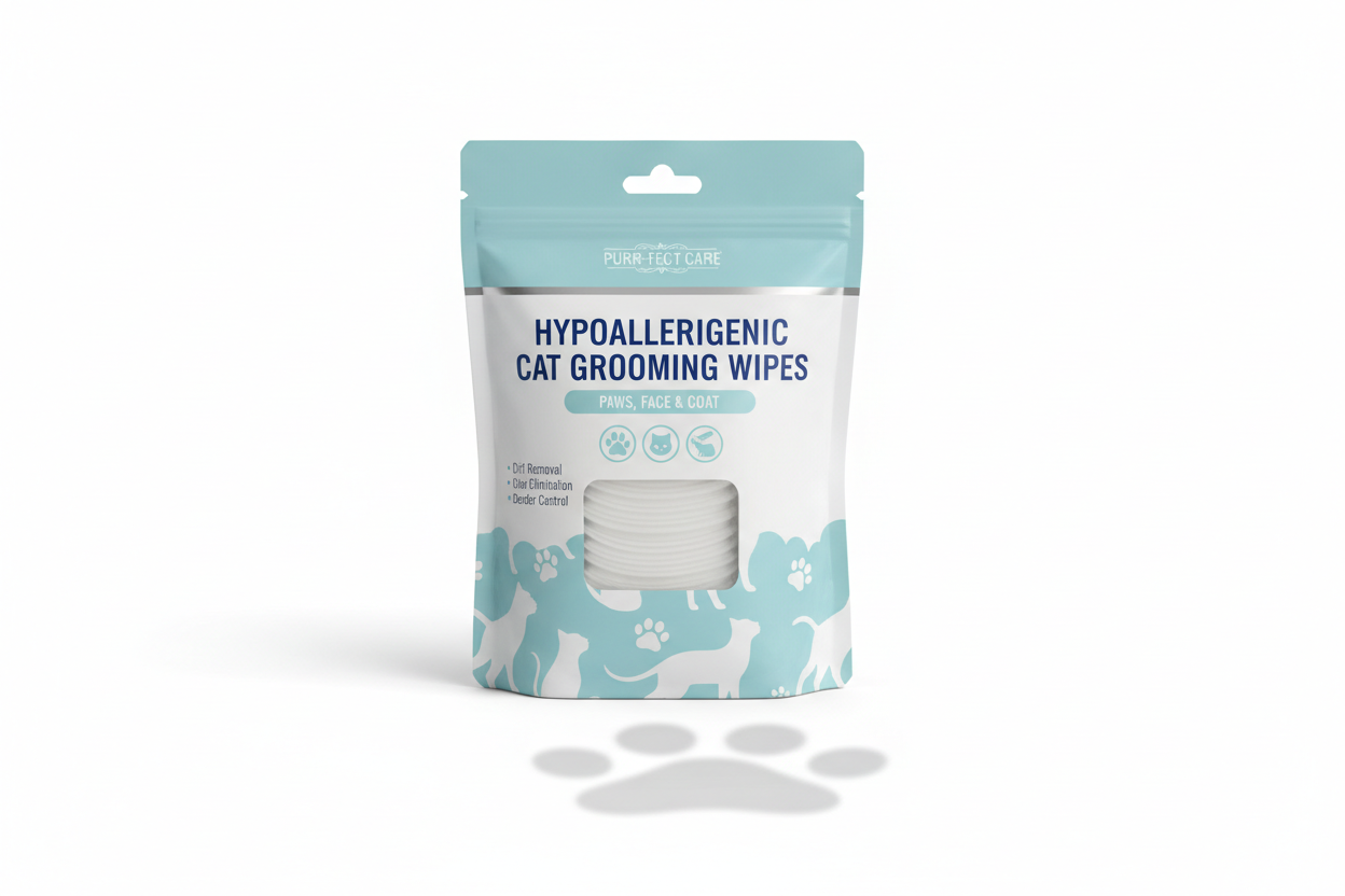 Hypoallergenic cat grooming wipes for paws, face and coat cleaning, removes dirt, odors and dander