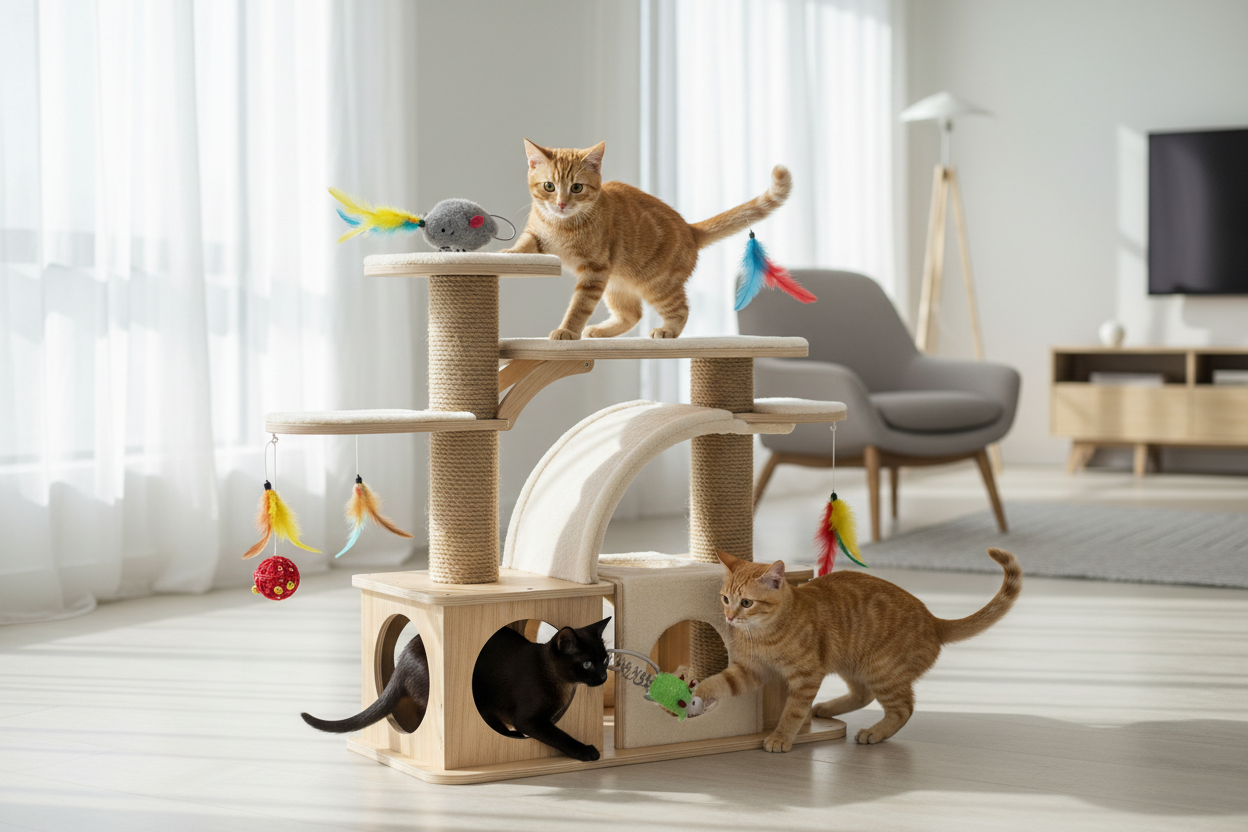 Interactive realistic cat toy playset encouraging hunting instincts and indoor exercise