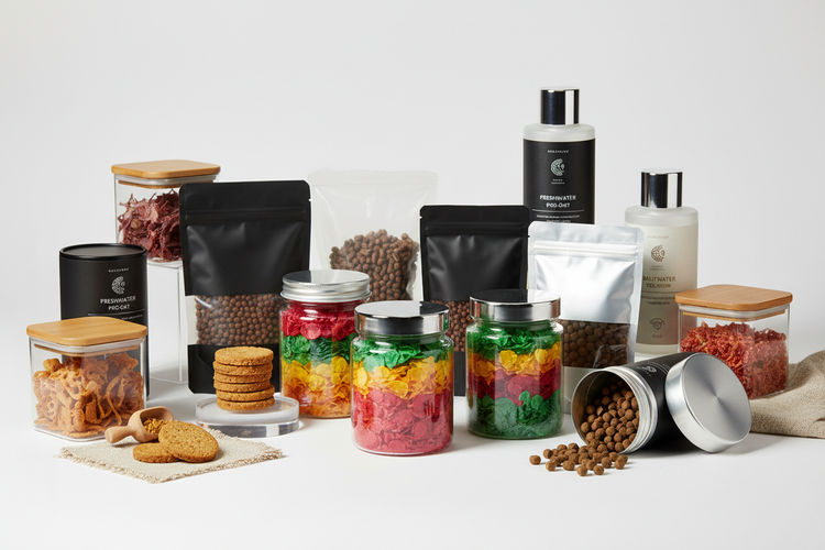 Premium fish food collection featuring flakes, pellets, wafers, freeze-dried treats, and specialized diets for freshwater and saltwater aquarium fish.