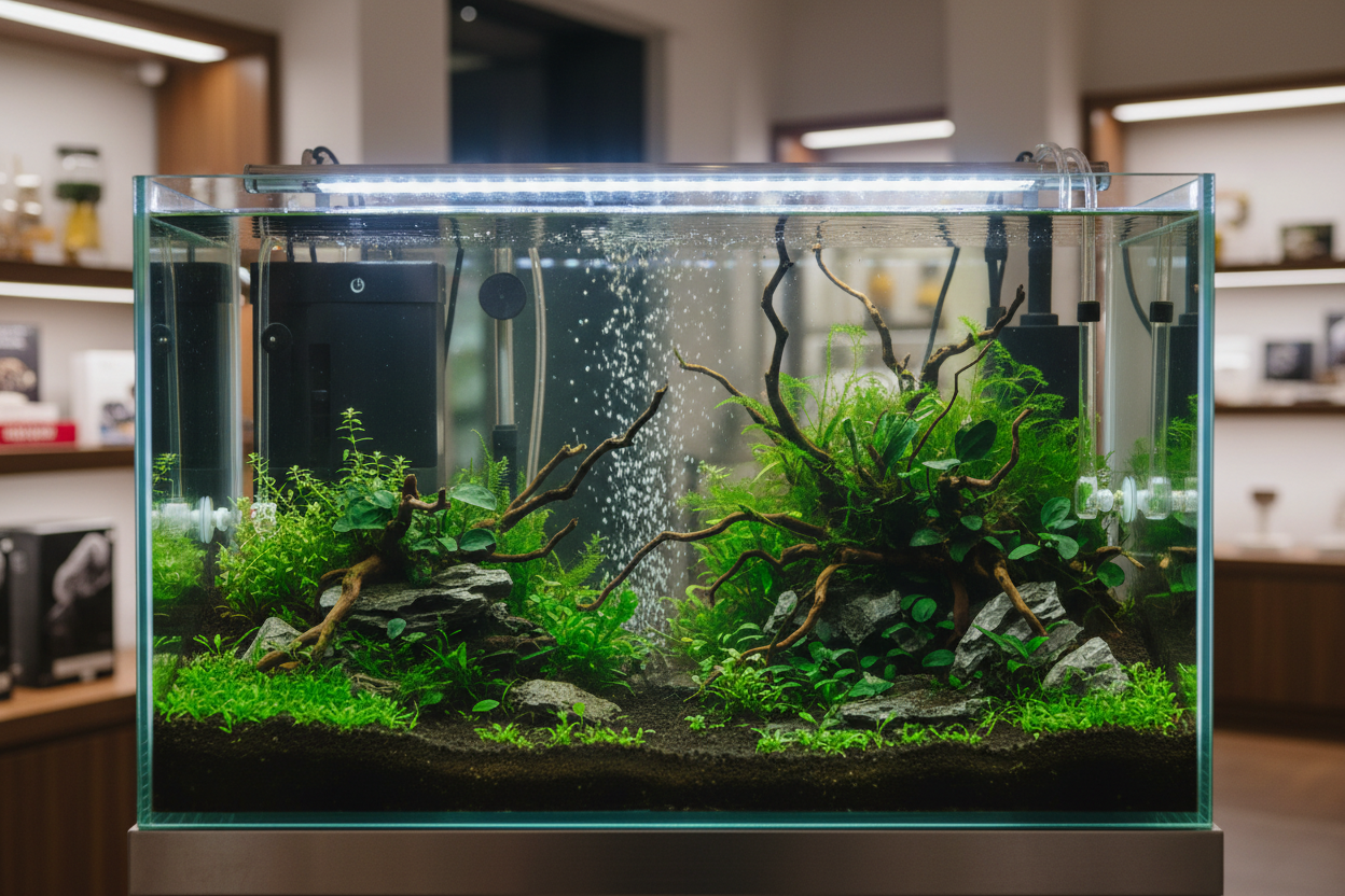 Professional-grade glass aquarium with a high-clarity finish, featuring a lush green aquascape and sophisticated filtration system for a modern pet boutique collection.