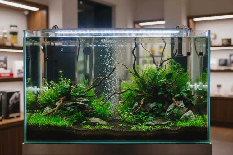 Professional-grade glass aquarium with a high-clarity finish, featuring a lush green aquascape and sophisticated filtration system for a modern pet boutique collection.