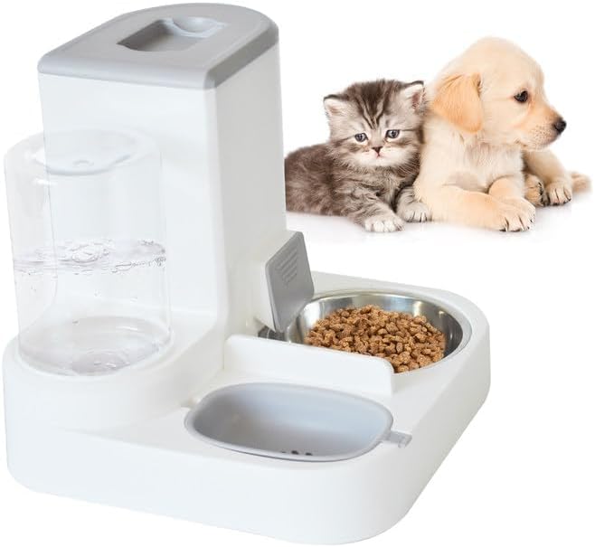 Automatic Cat Food and Water Dispenser Set 2 in 1, All-in-One Gravity Pet Feeder with Stainless Steel Cat Food Bowl Travel Auto Supply Feeder and Water Dispenser for Small Medium Cats Dogs (Gray)