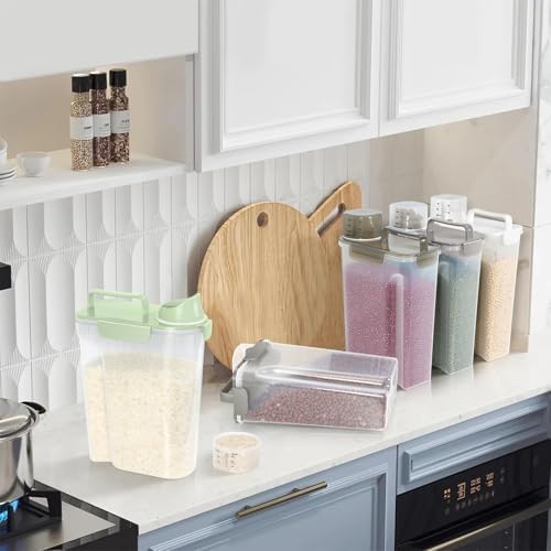 5-7Lbs Portable Cat Dog Food Storage Container with Upgraded Large Spout and Cup Dispenser for Small Large Animal Kibble, Pet Bird snack, Oatmeal, Rice, Flour, Brown Sugar-3 Pack (Purple Gray Green)