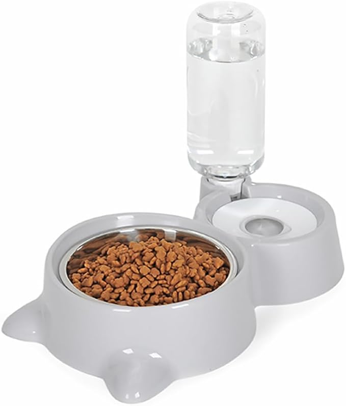 Dog Bowls, Puppy Cat Food and Water Bowl Set with Water Dispenser and Stainless Steel Bowl Detachable Gravity Pet Feeder and Waterer Set for Cats Dogs Puppy Rabbit (Grey)