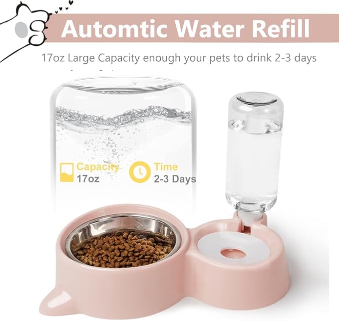 Dog Bowls, Puppy Cat Food and Water Bowl Set with Water Dispenser and Stainless Steel Bowl Detachable Gravity Pet Feeder and Waterer Set for Cats Dogs Puppy Rabbit (Grey)