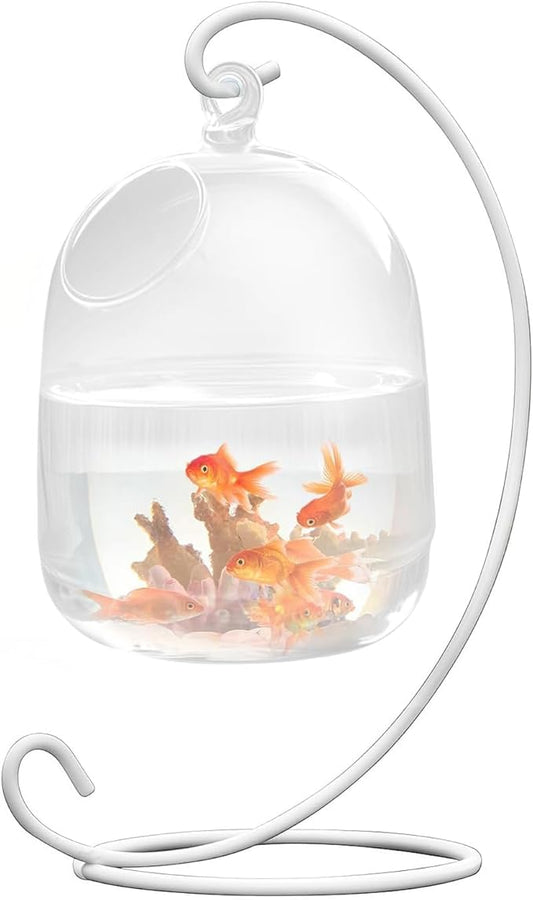 Desk Glass Hanging Fish Bowl Tank with Stand Fish Homes Small Table Glass Fish Bowl Creative Vase Aquarium for Home Decoration with White Stand