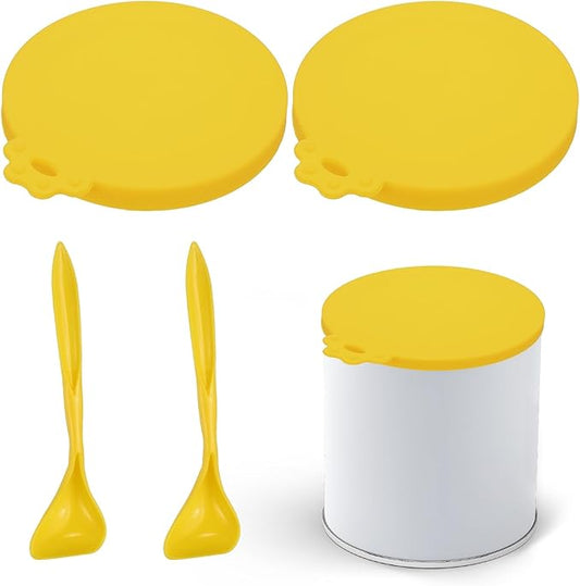 Cat Food Can Covers Lids, Dog Food Can Lids with Spoons Silicone Toppers Reusable Fits 3 Standard Sizes, (Yellow, 2Sets), Intended for Dog/Cat/Pet Food