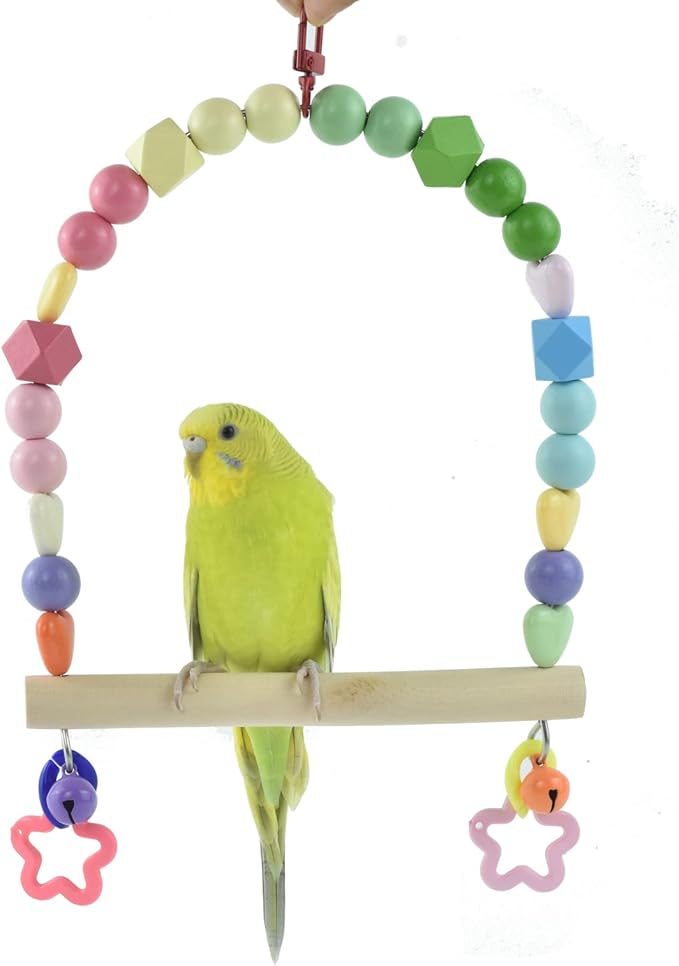 GUANLANT Wooden Bird Swing for Cockatiels Parrot Perch Hanging Toys Parakeets Birdcage Stands Cage Playground Play Gyms Accessories Colorful Bead Bell Climbing Toy for Lovebirds Conures Budgies