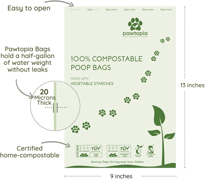 Pawtopia Pet Waste Bag Duo - 240 Standard Sized-Dog Poop Bags (16 rolls) + 100 Extra Large Cat Litter Bag with Handles (1 big roll), Vegetable Starches, Tuv Austria, Leak-Proof, Yard Pickup