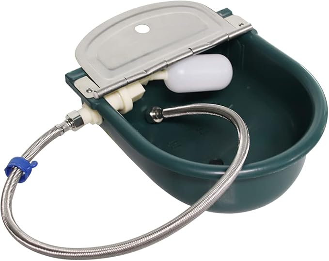 Automatic Water Bowl Plastic Livestock Stainless Steel Cover Waterer Dog Drinking Cattle Horse Drinker with Float Valve & Drain Plug & 1/2 Inch Pipe (Green)