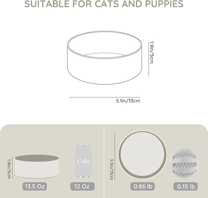 SPUNKYJUNKY 13.5OZ Ceramic Dog and Cat Bowl, Modern Cute Weighted Food Water Bowl for Replacement Grey (1 Pack)