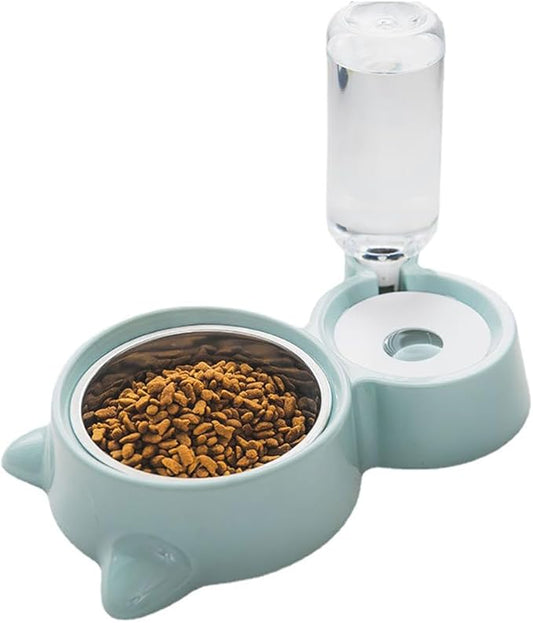 Dog Bowls, Puppy Cat Food and Water Bowl Set with Water Dispenser and Stainless Steel Bowl Detachable Gravity Pet Feeder and Waterer Set for Cats Dogs Puppy Rabbit (Blue)