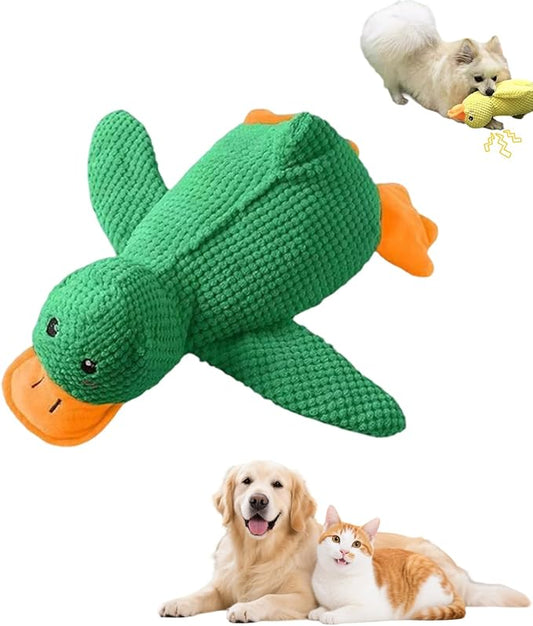 Durable Duck Chew Toy with Squeaker for Anxious Pets, Tough Plush for Dogs and Cats - Teething Relief and Play, Not for Children (Green, Medium)