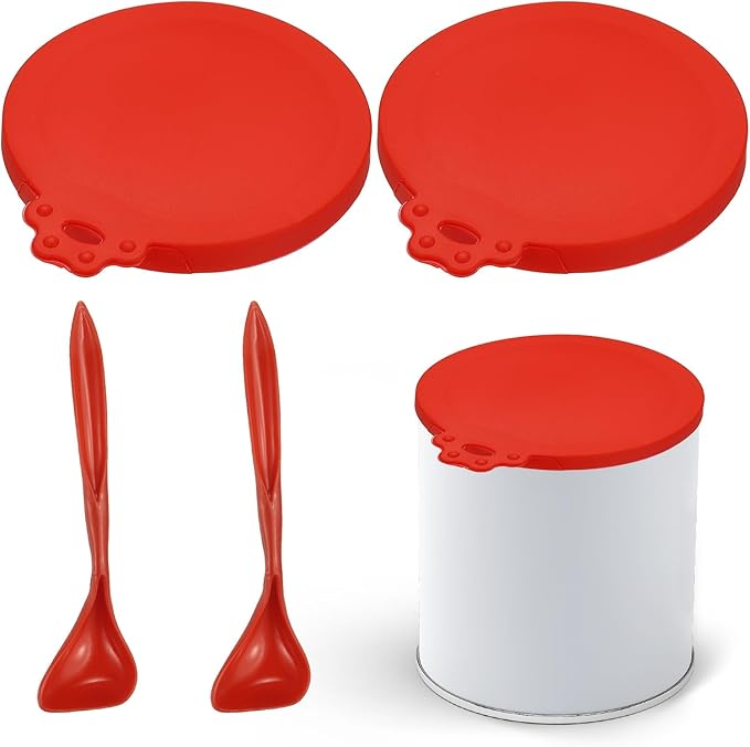 Cat Food Can Covers Lids, Dog Food Can Lids with Spoons Silicone Toppers Reusable Fits 3 Standard Sizes, (Red, 2Sets), Intended for Dog/Cat/Pet Food