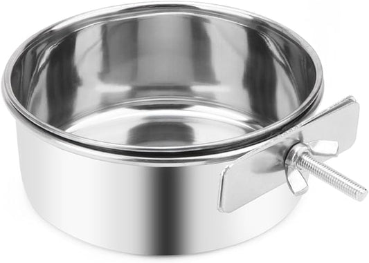 Pet Food Water Bowl with Clamp Holder Stainless Steel Coop Cup Hanging Feeder for Dog Bird Parrot Cat Rabbit (M)