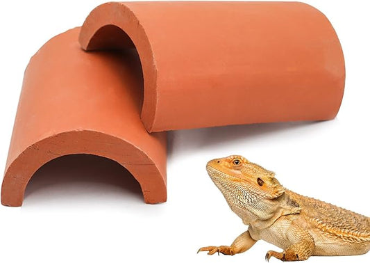 2 Pack Reptile Hide Cave, Natural Terracotta Lizard Habitat Hideout, Bearded Dragon Food Bowl, Tank Terrarium & Aquarium Decor Accessories for Hermit Crab Leopard Gecko Snake Spider Hamster Turtle