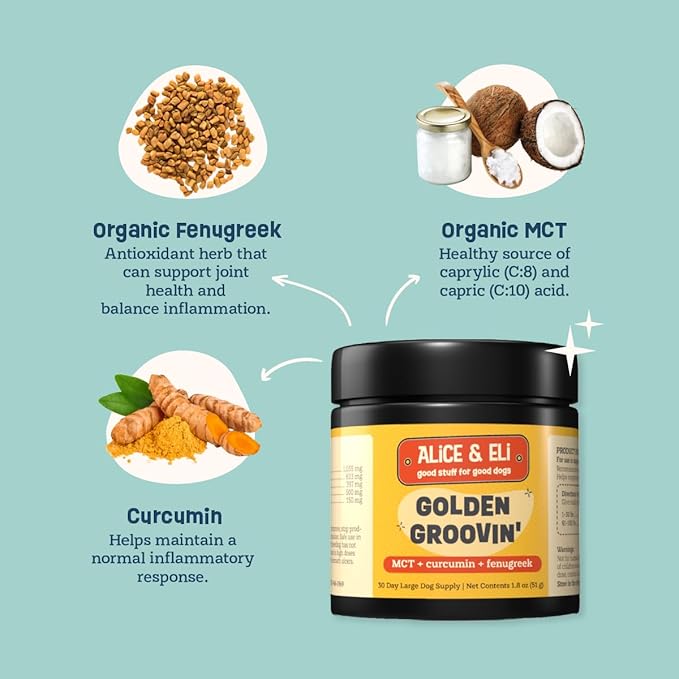 Alice & Eli Golden Groovin' - Turmeric for Dogs - Natural Immune & Joint Support for Dogs - with Organic Curcumin, MCT & Fenugreek - 30 Day Large Dog Supply