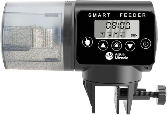 AquaMiracle Programmable Automatic Fish Feeder for Aquarium, Auto Fish Food Dispenser with Timer, Volume Adjustable Vacation Aquarium Feeder with Digital Display, for Granules Pallets Strips
