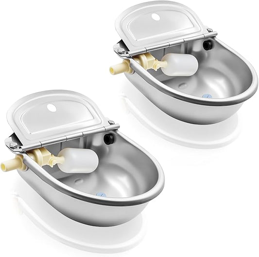 Automatic Animal Drinking Water Bowl with Float Valve and Drainage Hole 304 Stainless Steel Feeder Waterer Livestock Water Trough Suitable for Pet Dog Horse Cattle Goat Sheep 2Pcs（Dia 9in）