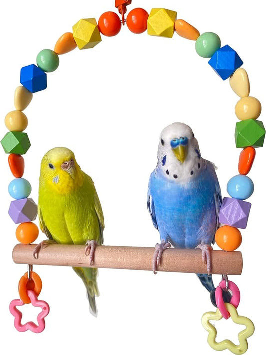 GUANLANT Wooden Bird Swings for Large Parrots, Cockatiel Perch Parakeet Swing Hanging Birdcage Stands Playground Play Gyms Accessories Colorful Beads Climbing Toy for Lovebirds Conures Budgies